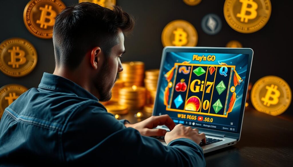 Ein Mann spielt Play'n GO Slots auf seinem Laptop mit Bitcoin-Symbol im Hintergrund Ein Mann spielt Play'n GO Slots auf seinem Laptop mit Bitcoin-Symbol im Hintergrund