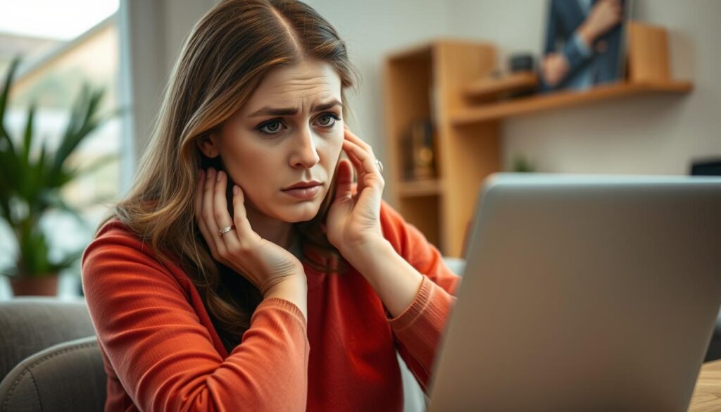 Frustrierte Spielerin zeigt enttäuscht auf ihren Laptop während sie negative ehrliche Casino Erfahrungen macht Frustrierte Spielerin zeigt enttäuscht auf ihren Laptop während sie negative ehrliche Casino Erfahrungen macht