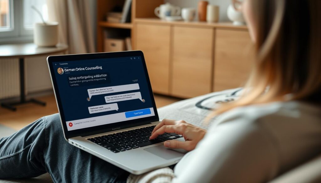 Online-Beratungsplattform für Hilfe bei Glücksspielsucht in Deutschland auf einem Laptop Online-Beratungsplattform für Hilfe bei Glücksspielsucht in Deutschland auf einem Laptop