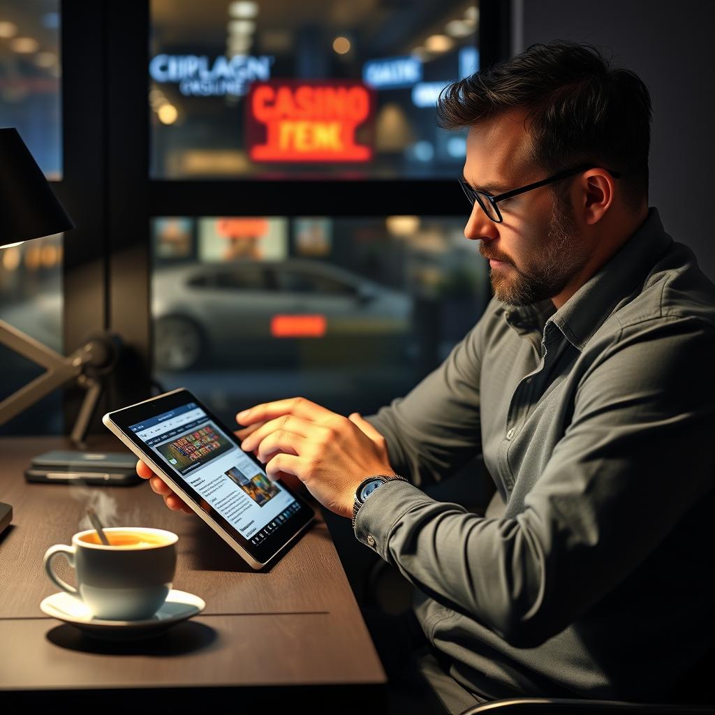 Spieler liest Online Casino Bewertungen auf seinem Tablet