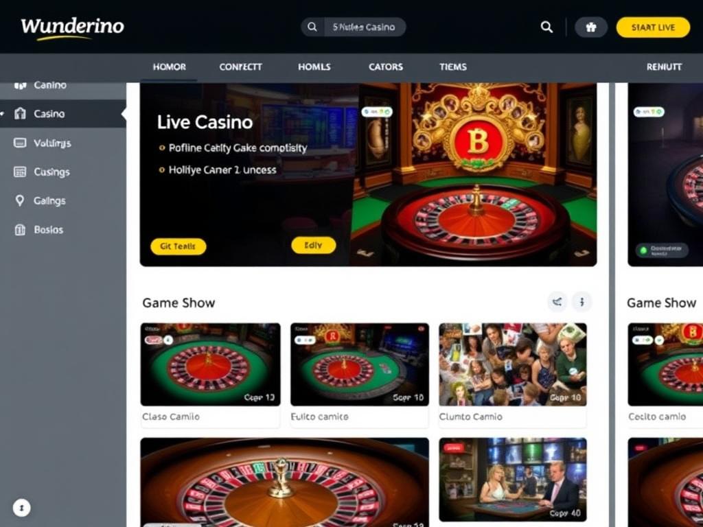 Wunderino Live Casino Interface mit Game Shows und Roulette